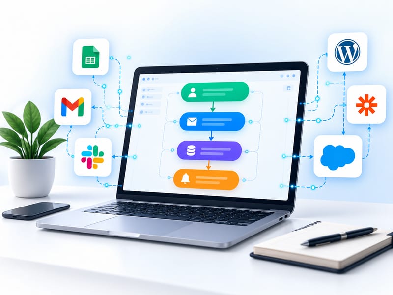 Portátil con un flujo automatizado conectado a Gmail, Google Sheets, Slack, WordPress y otras herramientas