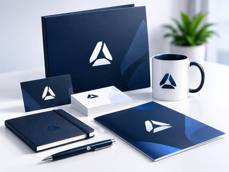 Identidad visual aplicada en carpeta, tarjetas de presentación, taza, libreta y documentos de marca