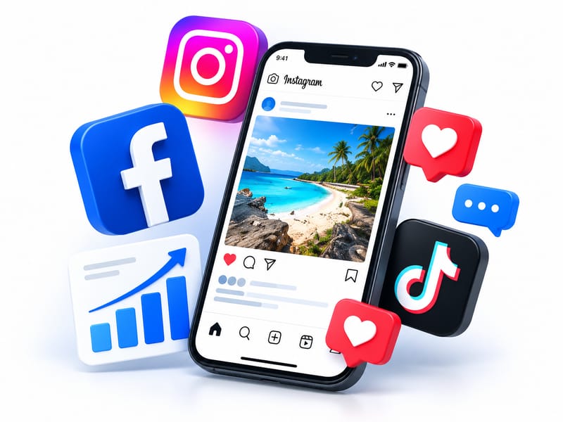 Celular con una publicación de Instagram rodeado de iconos de Facebook, TikTok, me gusta y comentarios