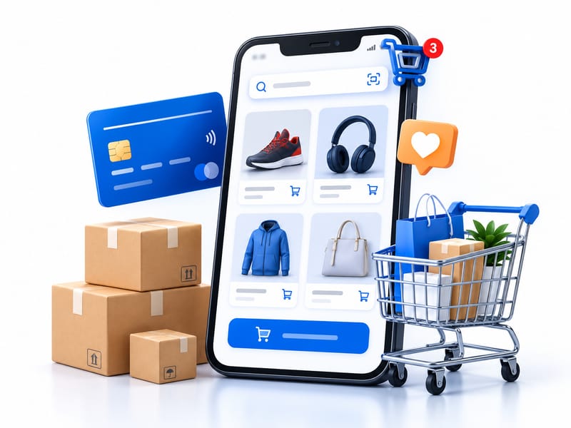 Celular con una tienda online, carrito de compras, tarjeta de pago y cajas listas para enviar